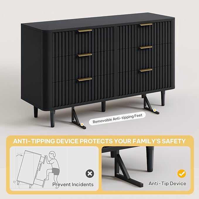 DWVO 6 Drawer Dresser with Waveform Fluted Panel, Wider Modern Closet Dressers Chest of Drawers, Wood Storage Dresser Organizer for Dorms, Flats, Living Rooms, Hallways, Black