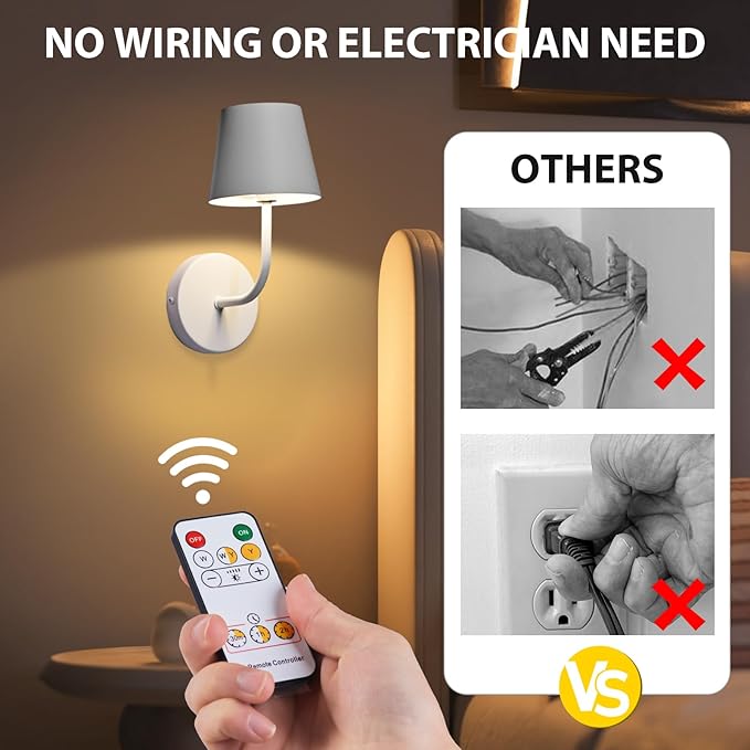 LED Wireless Wall Lamp Set of 2, with 5600mAh Rechargeable Battery Powered Wall Sconces, Touch for Remote Control Infinite Dimming Be Used for Bedroom Mirror Living Room Wall Painting (White)