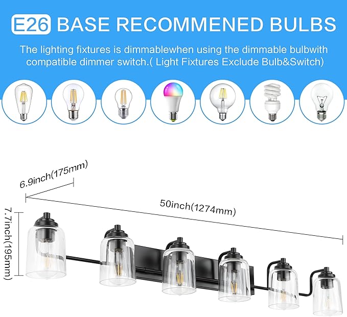SOLFART 6 Lights Vanity Lights for Mirror Black Bathroom Light Fixtures Black Vanity Light Bathroom Light Fixtures Wall Mount 50 Inch