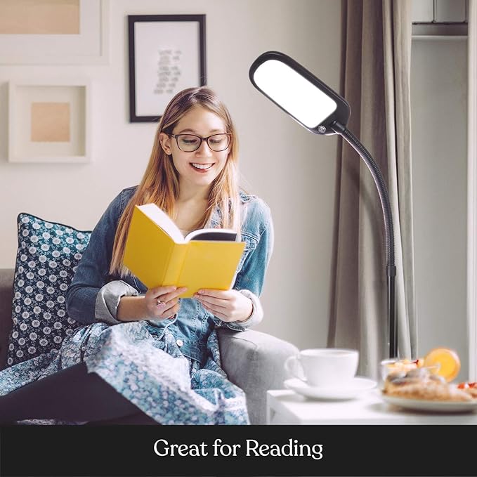 Brightech Litespan Slim LED Floor Reading Lamp - Modern Tall Lamp with Adjustable Gooseneck for Living Rooms & Offices - Dimmable Crafts Work Light - Brown
