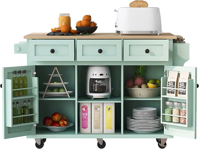 Merax Kitchen Island on Wheels with Storage Drawers and Cabinets, Rolling Kitchen Cart with Drop Leaf, Wood Portable Island with Internal Storage Racks for Dinning Room, Mint Green