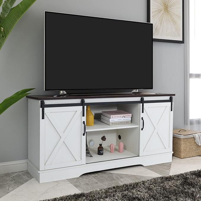 Rainbow Sophia TV Stand, Storage Cabinet with Sliding Barn Doors and Adjustable Shelves, Modern 28”H, Vintage White/Espresso