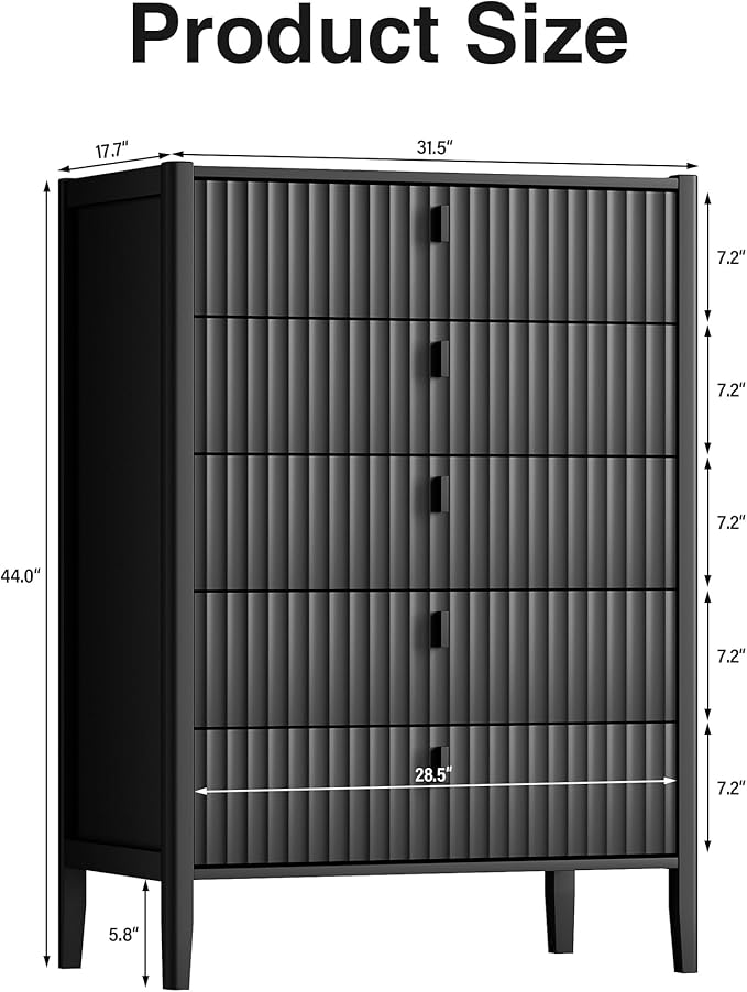 Black 5 Drawer Dresser, 31.5" Wide White Modern Dresser with Fluted Front & Metal Handles for Bedroom, Living Room