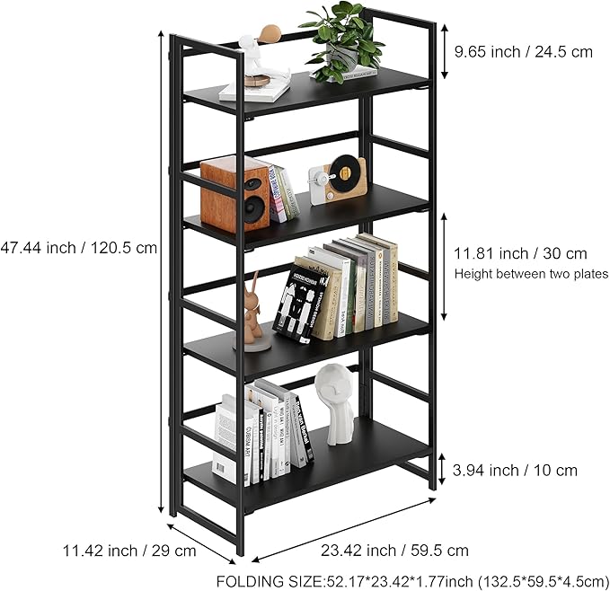 BHG Vintage Multifunctional Folding Bookshelf, No-Assembly Plant Stand Storage Rack Shelves for Home Office (All Black, 4-Tier)