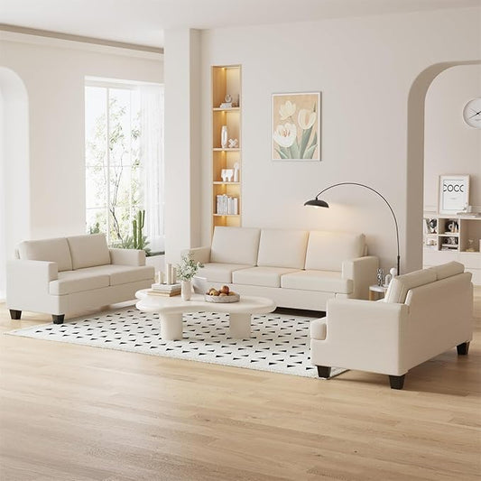 Furnimart Sectional Couches for Living Room, Modern 2 Loveseats and 3 Seater Couch, CreamDeep Seat Sofa Set, Beige Linen Sectional Sofa, Comfy Fluffy Couch with Removable Sofa Cover