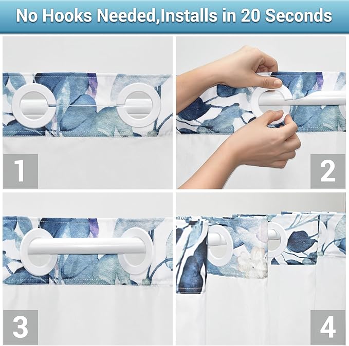 No Hook Shower Curtain with Snap in Liner - Eucalyptus Shower Curtain - Washable Waterproof Inner Liner, Plants Blue Leaves Modern Shower Curtains - Machine Washable, 71 x 77