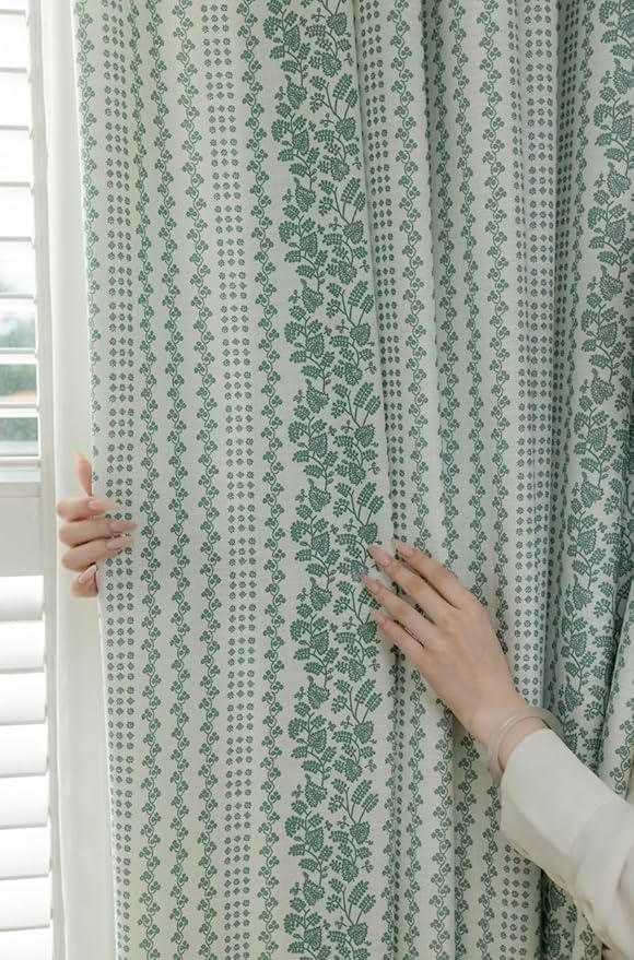 Linen Blend Pinch Pleated Curtains for Living Room, Bedroom, Dining Room - Light Filtering Curtains 2 Panels Set - Luxury and Modern Floral Printed Design - Summer Green, 30" W x 96" L