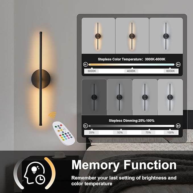 Battery Operated Wall Sconces Set of Two, with Remote Control, Dimmable, Warm White/Natural White/Daylight/RGB, 350°Rotate, LED Black Wireless Wall Light for Living Room, Bedroom, 20.4 Inch