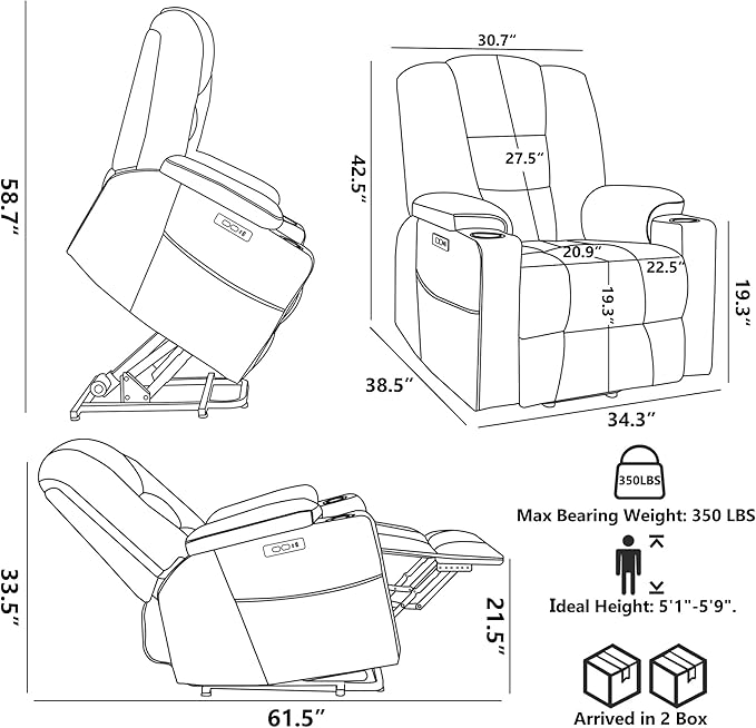 Power Lift Chair with Massage & Heat, Electric Recliner Chairs for Adults, Remote Control, Living Room Sofa, Standing Assistance, USB Ports, Stainless Steel Cup Holders, Chenill, Beige