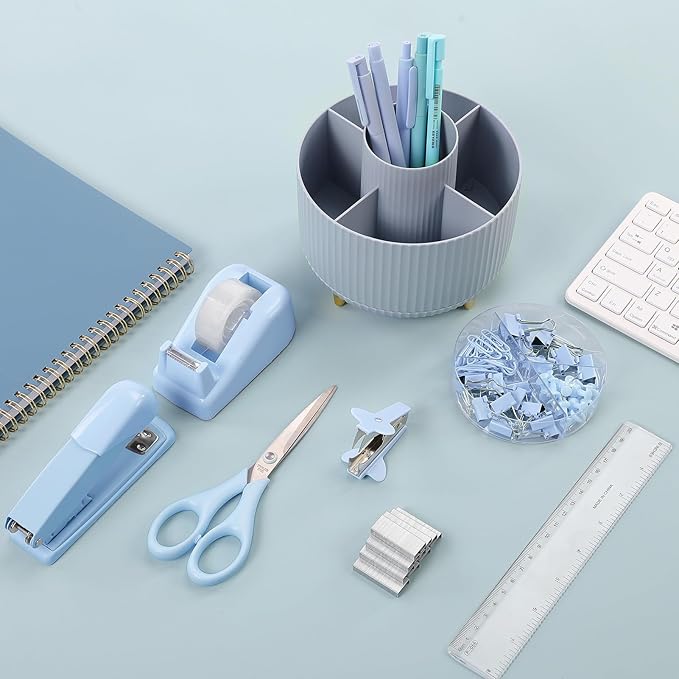 SKYDUE Desk Organizers and Accessories 10Pcs, 360-Degree Rotating Pen Holder, Stapler, Staple Remover, Tape Dispenser,2pcs Tape Refills, Binder Paper Clips Kit, Scissor (Blue)