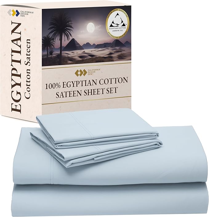 California Design Den Certified 100% Egyptian Cotton Sheets Full Size Bed Set - Soft Sateen, Deep Pocket Bed Sheets with Anti-Skid Elastic, Cool and Durable Luxury Bedding - Light Blue