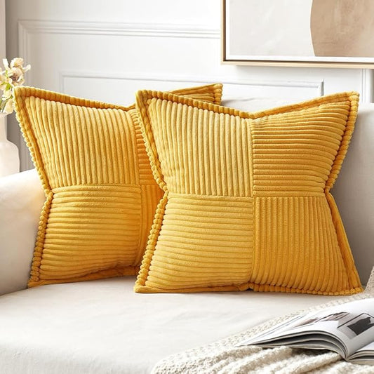 MIULEE Golden Yellow Corduroy Pillow Covers 16x16 Inch with Splicing Set of 2 Soft Boho Striped Pillow Covers Broadside Decorative Textured Summer Pillowcases for Couch Cushion Bed Livingroom