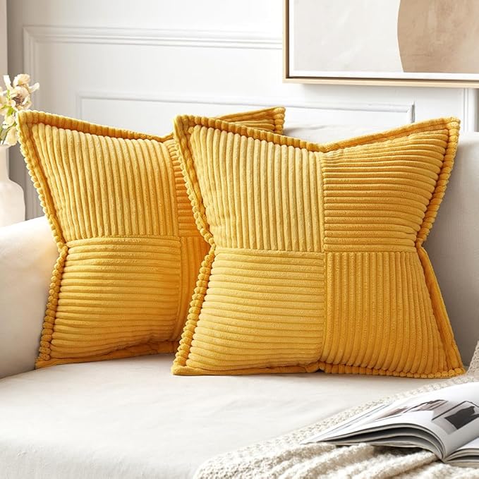 MIULEE Golden Yellow Corduroy Pillow Covers 18x18 Inch with Splicing Set of 2 Soft Boho Striped Pillow Covers Broadside Decorative Textured Summer Pillowcases for Couch Cushion Bed Livingroom