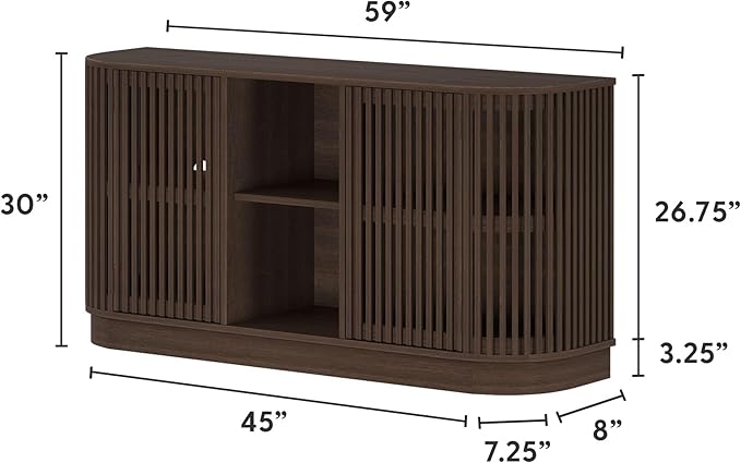 Plank+Beam Contour Wood TV Stand, Two Door Solid Wood Entertainment Console with Storage, 59" L x 16" W x 30" H, Walnut