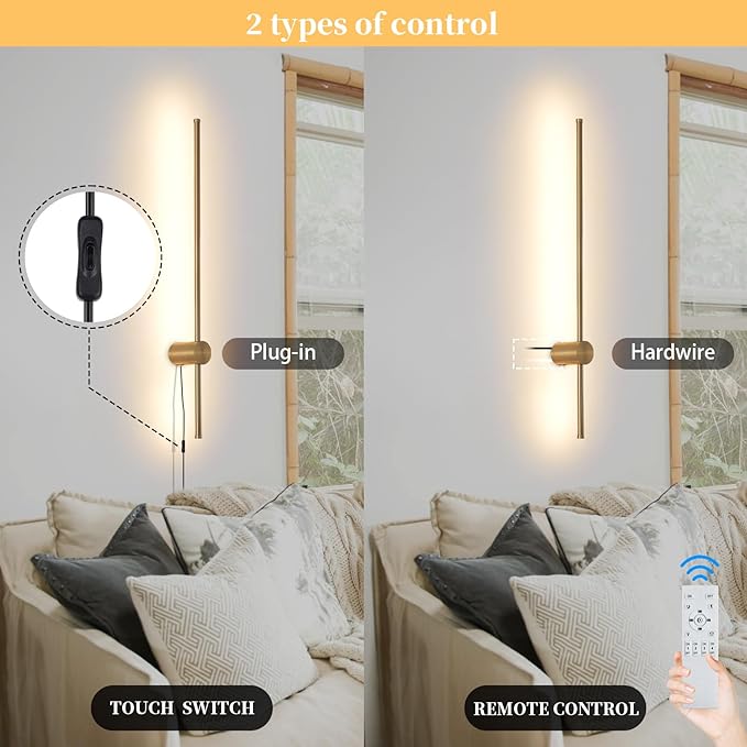 Dimmable Plug in Wall Sconce Set of 2, Gold 31.5" LED Wall Light with Remote, Adjustable Color Temperature Brightness Wall lamp with Timer for Living Room,Bedroom and Accent Lighting