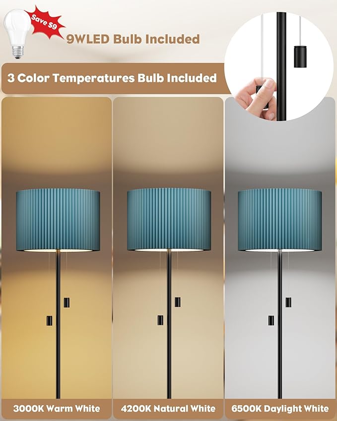 KFM Modern Floor Lamp, Tall Standing Lamp for Living Room Adjustable Lampshade with 3 Color Temperatures 9W LED Bulb Foot Switch Floor Lamps for Bedroom Office Corner Night