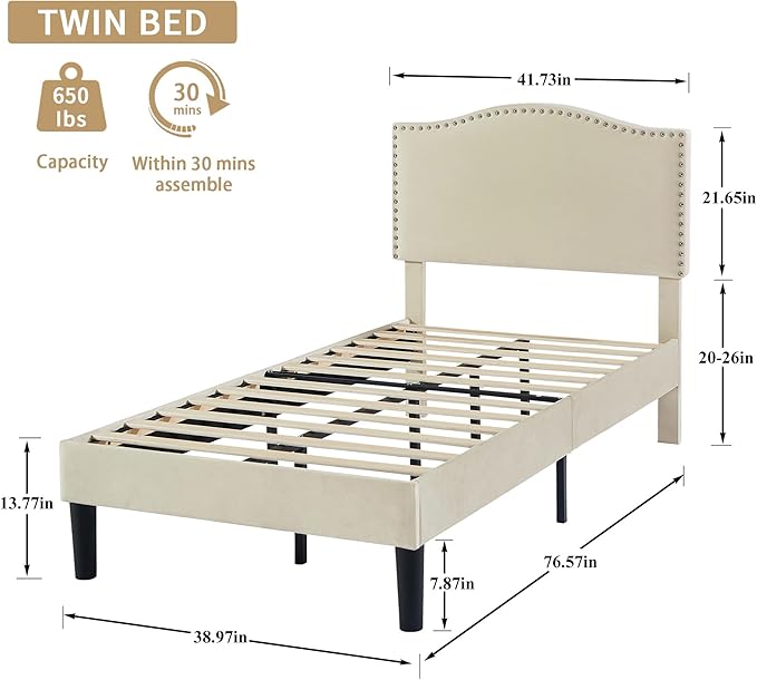 VECELO Twin Bed Frame Platform Bed Frame with Upholstered Headboard, Strong Frame and Wooden Slats Support, Strong Weight Capacity, Non-Slip and Noise-Free, Easy Assembly,Beige