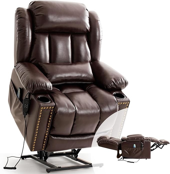 PARKOL Large Genuine Infinite Position Leather Power Lay Flat Lift Studded Recliner Chairs for Elderly, Dual Motor with Massage and Heating,Extended Footrest, USB&Type-C Port Remote,Cup Holder,Brown