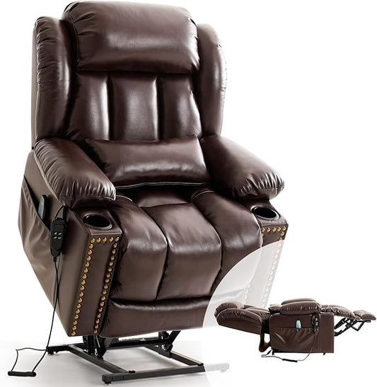 PARKOL Large Genuine Infinite Position Leather Power Lay Flat Lift Studded Recliner Chairs for Elderly, Dual Motor with Massage and Heating,Extended Footrest, USB&Type-C Port Remote,Cup Holder,Brown