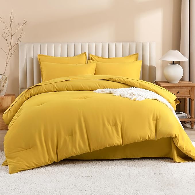 Litanika Comforter Full Size Set Mustard Yellow - 7 Pieces Bed in a Bag Full Bedding Comforter Sets, Plain Lightweight Bed Set with Comforter, Sheets, Pillowcases & Shams