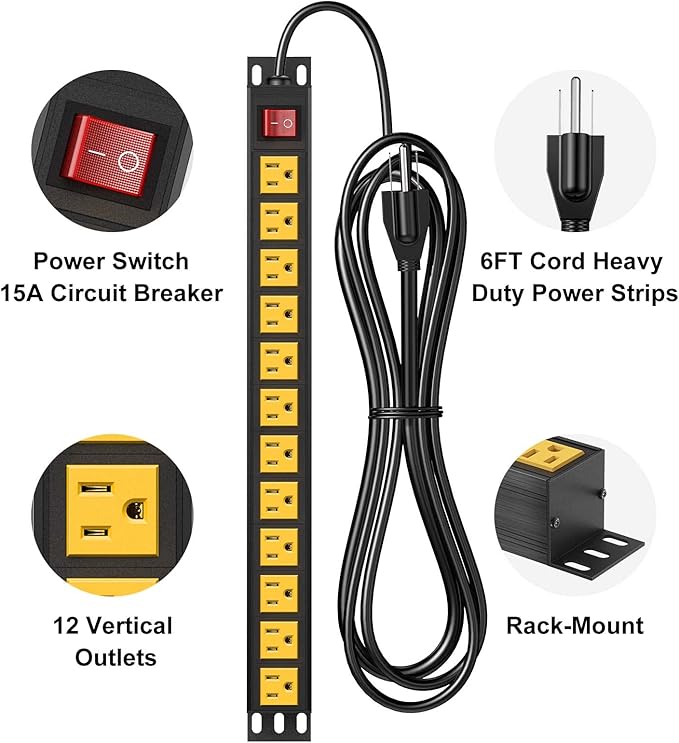 BTU Power Strip Surge Protector Rack-Mount PDU, 12 Outlet Power Strip with Switch, Metal Mountable Heavy Duty for Server Racks, Garage Shop, Industrial Commercial (Yellow 6FT)