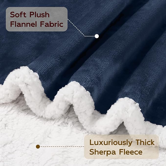 BEAUTEX Sherpa Fleece Throw Blankets, Soft Fluffy Flannel Plush Blanket and Throw, Fuzzy Cozy Blue Cuddle Blankets for Couch Bed Sofa Adults (50" x 60", NavyBlue)
