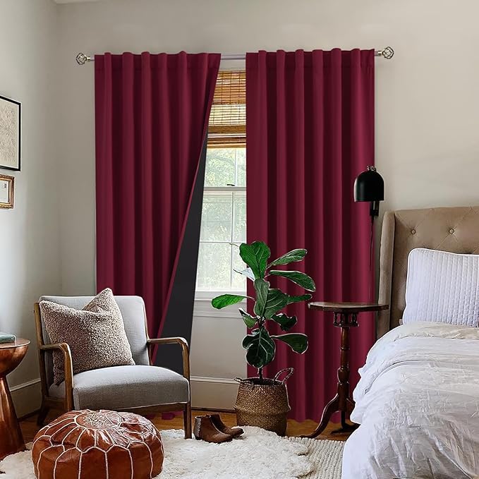 BGment Burgundy Red Full Blackout Curtains with Insulated Lining 90 Inches Long，Rod Pocket and Back Tab Double Layer Room Darkening Window Christmas Panels for Bedroom(52 x 90 Inch, 2 Panels)