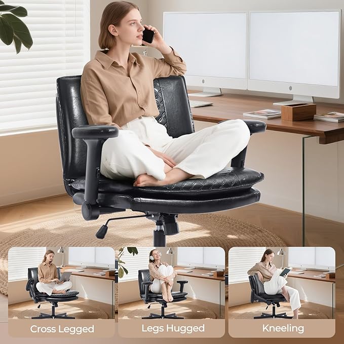 Criss Cross Chair with Flip-Up Arms and Lockable Wheels, Leather Cross Legged Office Desk Chair，Wider 125°Tilting Adjustable Swivel Computer Chair for Home, Apartment, Bedroom,Black 1