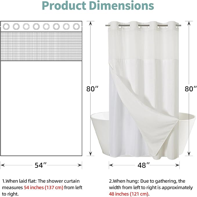 Stall Cream No Hook Waffle Weave Shower Curtain with snap-in Liner Replacement, 230GSM Waterproof Fabric Hotel Shower Curtain Set for Bathroom, Through Mesh Top Window,54Wx80H