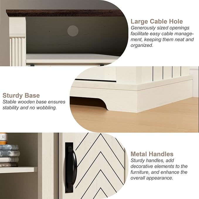 Farmhouse TV Stand for 65+ Inch TV, 31" Tall Entertainment Center with Sliding Barn Door, Rustic TV Stands for Bedroom with Adjustable Shelf, Wooden TV Consoles for Living Room, Antique White