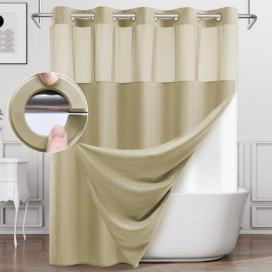 No Hook Shower Curtain with Snap in Liner, Polyester Textured Shower Curtain with Liner Set, Waterproof Washable Hotel Style Shower Curtains for Bathroom, 71Wx74H, Khaki