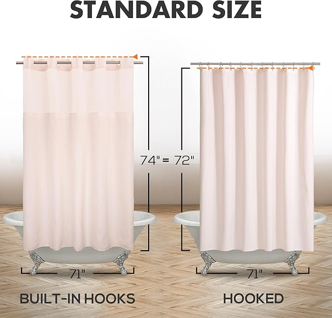 No Hook Slub Textured Shower Curtain with Snap-in PEVA Liner Set - 71" x 74"(72"), Hotel Style with See Through Top Window, Fabric Outer Curtain & Waterproof Inner Liner, Pink, 71x74