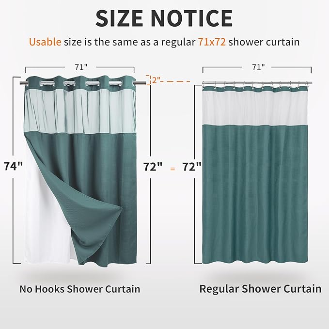 River Dream Heavyweight No Hooks Required Dotted Waffle Weave Shower Curtain with Snap in Liner - 71W x 74H,Hotel Grade,Spa Like Bath Curtain,Teal