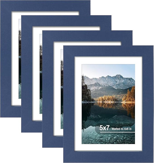 5x7 Picture Frame Set of 4, High Definition Real Glass, Display Pictures 4x6 with Mat or 5x7 Without Mat, Gallery Wall Hanging or Tabletop Photo Frames, Blue