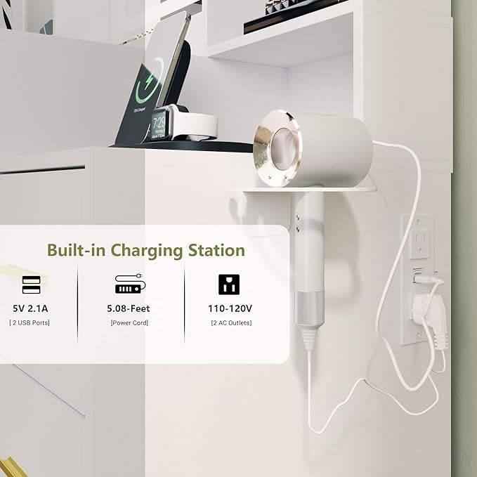 Makeup Vanity with LED Light Strip Mirror and Chair, 7 Drawers & 2 RGB Cabinets White Vanity Makeup Desk with Power Strip, Adjustable LED Lighting, and Cushioned Stool for Women, Girls, Teens