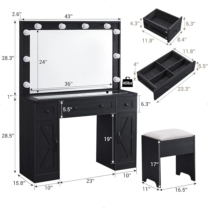 JXQTLINGMU Farmhouse Vanity Desk with Hollywood Makeup Mirror - Ample Storage Space with 3 Drawers & 2 Cabinets - Detachable Light Bulbs, Stool Included, Bedroom, Black