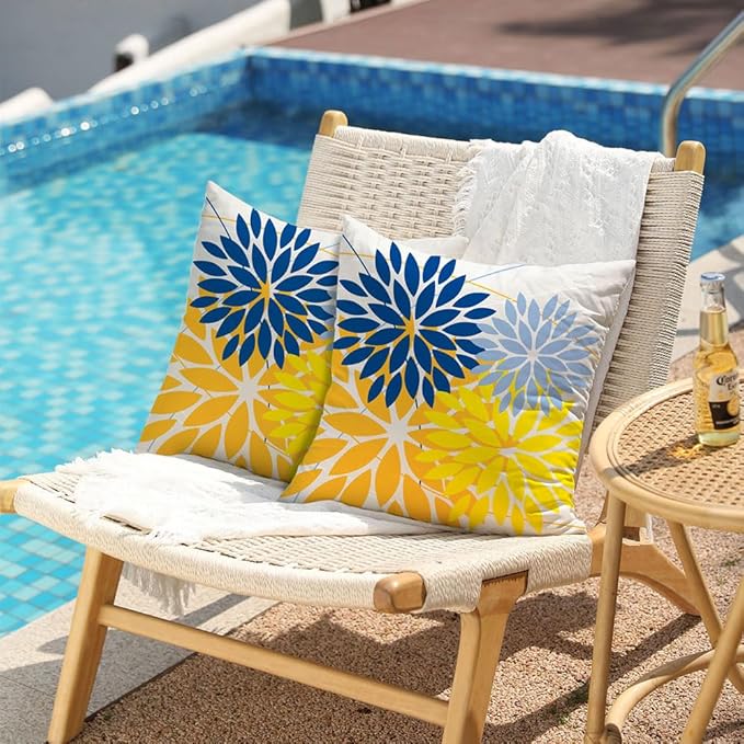 DFXSZ Outdoor Pillow Covers 18x18 Inch Set of 2 Yellow Blue Flower Decorative Waterproof Spring Summer Outdoor Pillow Covers for Patio Funiture Garden Couch 168E18