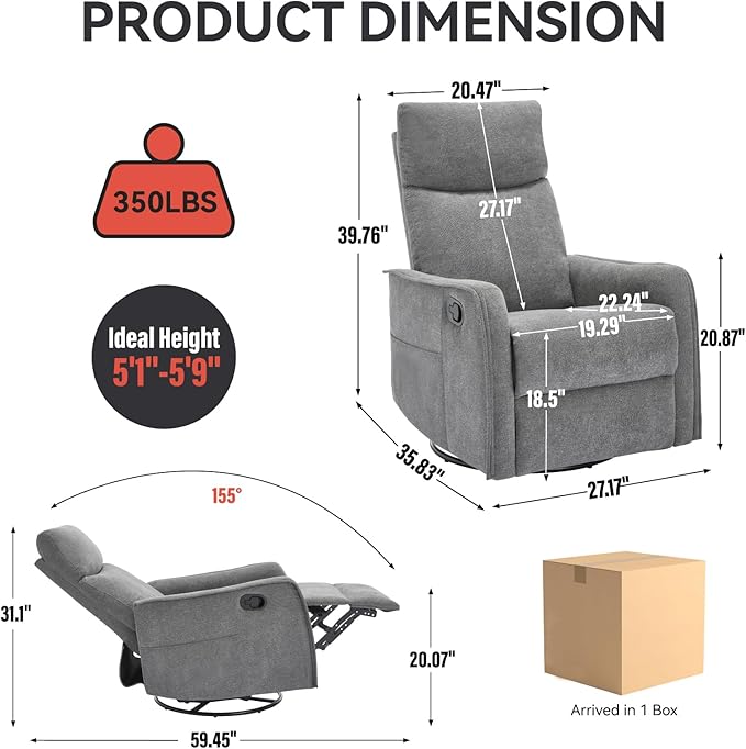 Massage Rocker Swivel Recliner Chair for Adults, Manual Recliner Glider with Lumbar Heating, Technical Flannel Fabric Nursery Glider Rocking Chair with Vibration Massage for Living Room - Grey