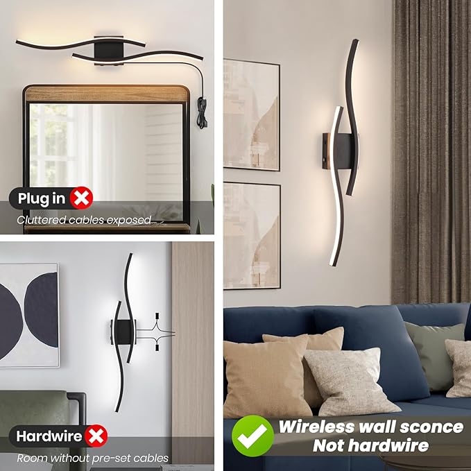 Modern LED Wall Sconce set of Two, Battery Powered Wall Sconces set of 2 with Timer, Black Wall Light with Remote, LED Wall Lamp indoor not hardwired for Bathroom Living Room Bedroom Corridor