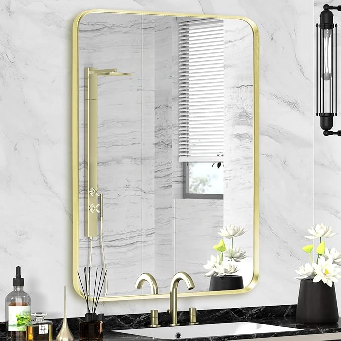 Gold Framed Bathroom Mirror, Brushed Gold Bathroom Vanity Wall Mirror, Rounded Rectangle Gold Frame Mirror, Tempered Glass, Anti-Rust, Hangs Horizontally or Vertically (22" x 30", Gold)