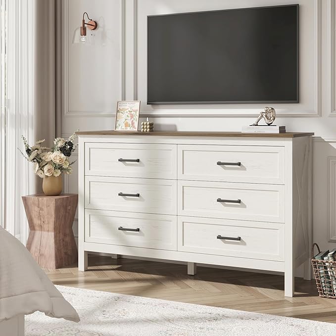 Farmhouse 6 Drawers Dresser for Bedroom, Modern Dresser with Metal Handle, Natural Texture, Wood Rustic Chest of Drawers for Bedroom, Living Room, Hallway and Entryway, Antique White