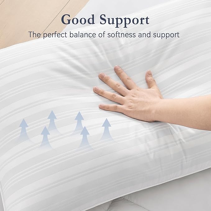 puredown® Goose Feather Down Pillows, Luxury Hotel Collection Bed Pillows for Sleeping Set of 2, 100% Cotton Cover with Silver Stripe, Queen Size