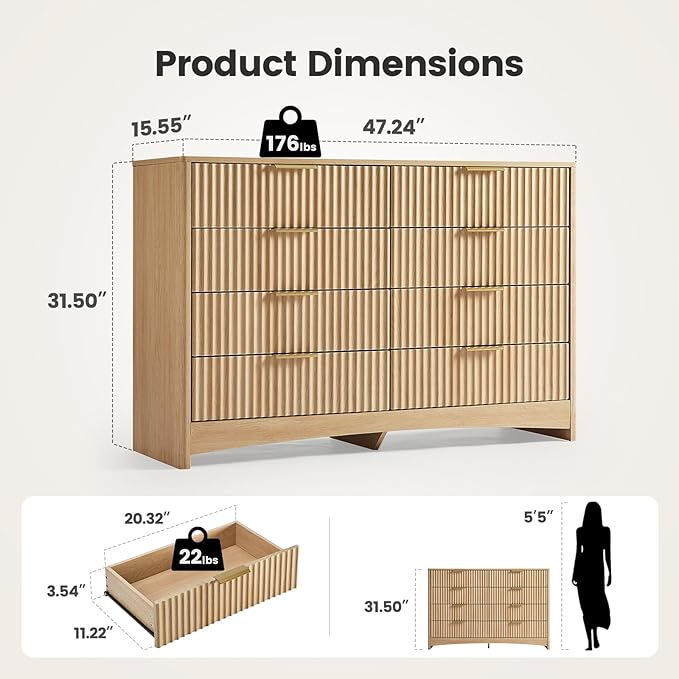 Amada Modern 8 Drawer Dresser, Fluted Wood Chest of Drawers with Rounded Corners, Pre-Installed Drawer Slides, Dresser TV Stand and Storage Organizer for Bedroom, Hallway, Natural Oak