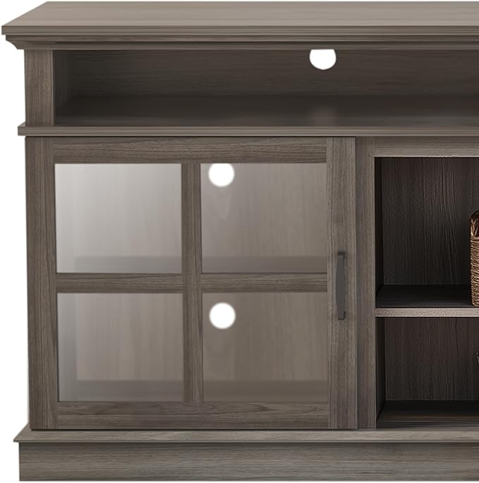 Fireplace TV Stand with Wood Glass Storage Cabinets, Farmhouse Entertainment Center for TVs up to 80", Mid Century Modern Media TV Console Table for Living Room Bedroom(Gray)