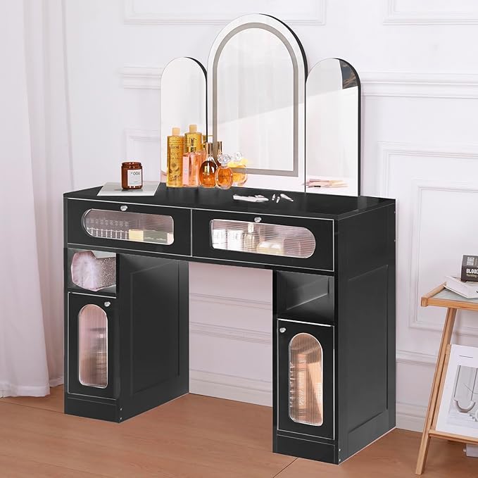 Vanity Desk with Arched Tri-Fold Mirror, Dimmable Vanity Table, LED RGB Makeup Vanity with 2 Drawers, 2 Open Storage Area & 2 Cabinets, Gifts for Girls/Women, Dressing Table (Black)