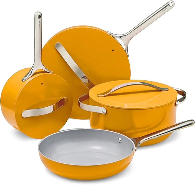 Caraway Nonstick Ceramic Cookware Set (12 Piece) Pots, Pans, Lids and Kitchen Storage - Non Toxic - Oven Safe & Compatible with All Stovetops - Marigold