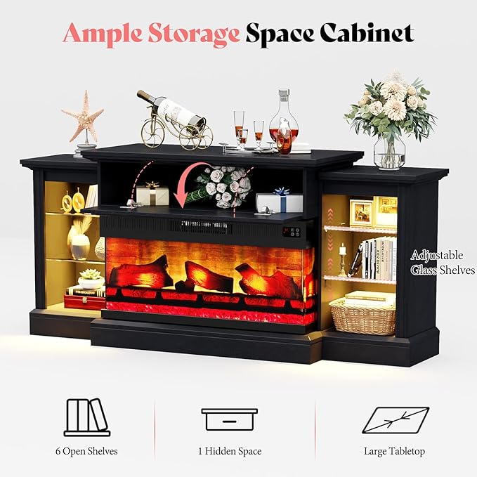 AMERLIFE 70" Farmhouse Electric Fireplace TV Stand, 3-Sided Entertainment Center with Mantel for TVs up to 75", Adjustable Shelves & LED Lights, Antique Black