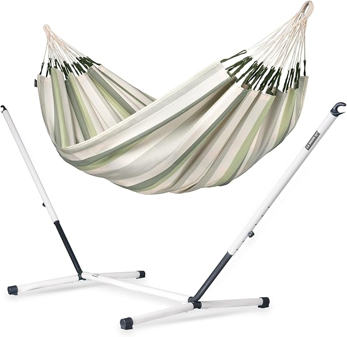 LA SIESTA® - Large Double Brisa Classic Hammock & Nautico Steel Stand - Weather & Tear Resistant Portable Hammock w/Stand - Balcony Porch Garden Outdoor Indoor Hammock - 2-Person Max 355 Lbs, Cedar