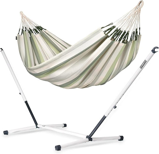 LA SIESTA® - Large Double Brisa Classic Hammock & Nautico Steel Stand - Weather & Tear Resistant Portable Hammock w/Stand - Balcony Porch Garden Outdoor Indoor Hammock - 2-Person Max 355 Lbs, Cedar