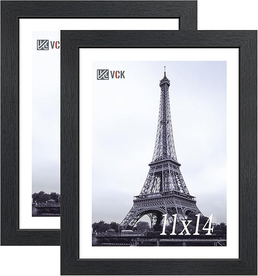 VCK 11x14 Picture Frame, Black Wood 14 x 11 Diploma Document Frames, Home or Gallery Wall Hanging, 2 Pack